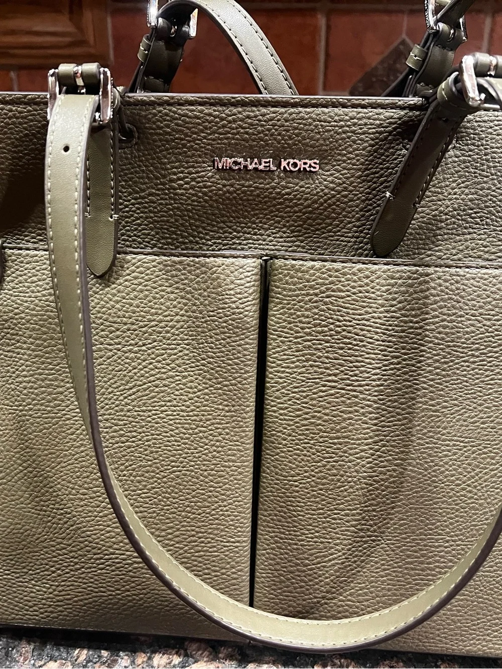 Michael Kors Olive Pebbled Leather Tote with Front Pockets